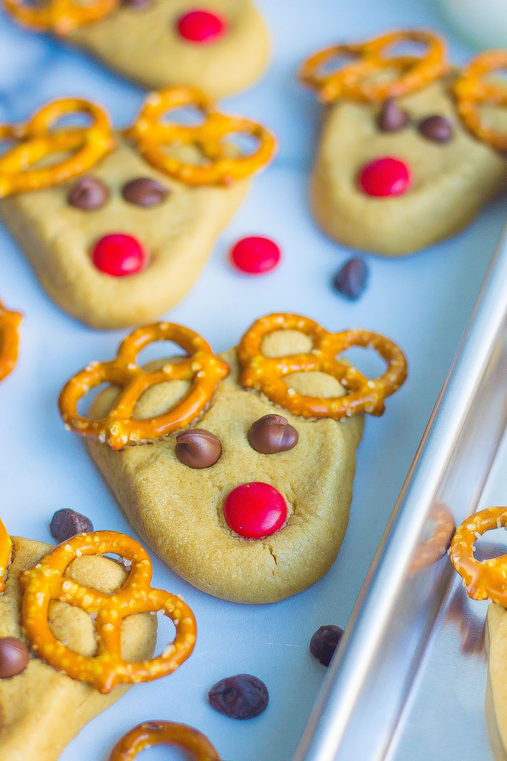 reindeer cookie on baking sheet