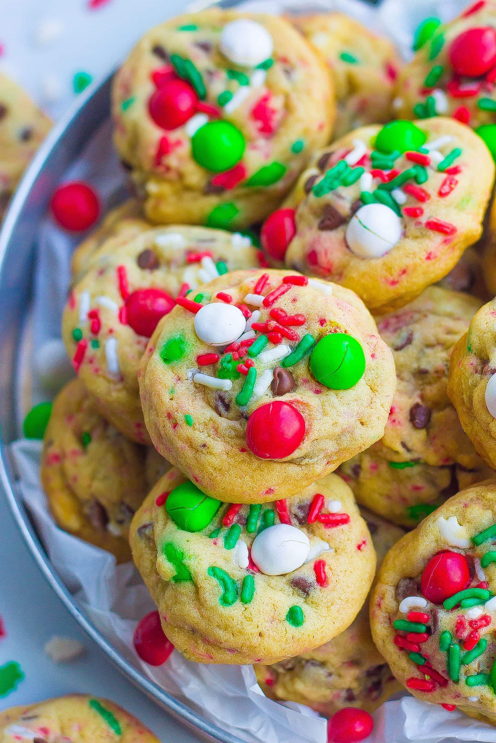 top view of Santa cookies with sprinkles and M&Ms