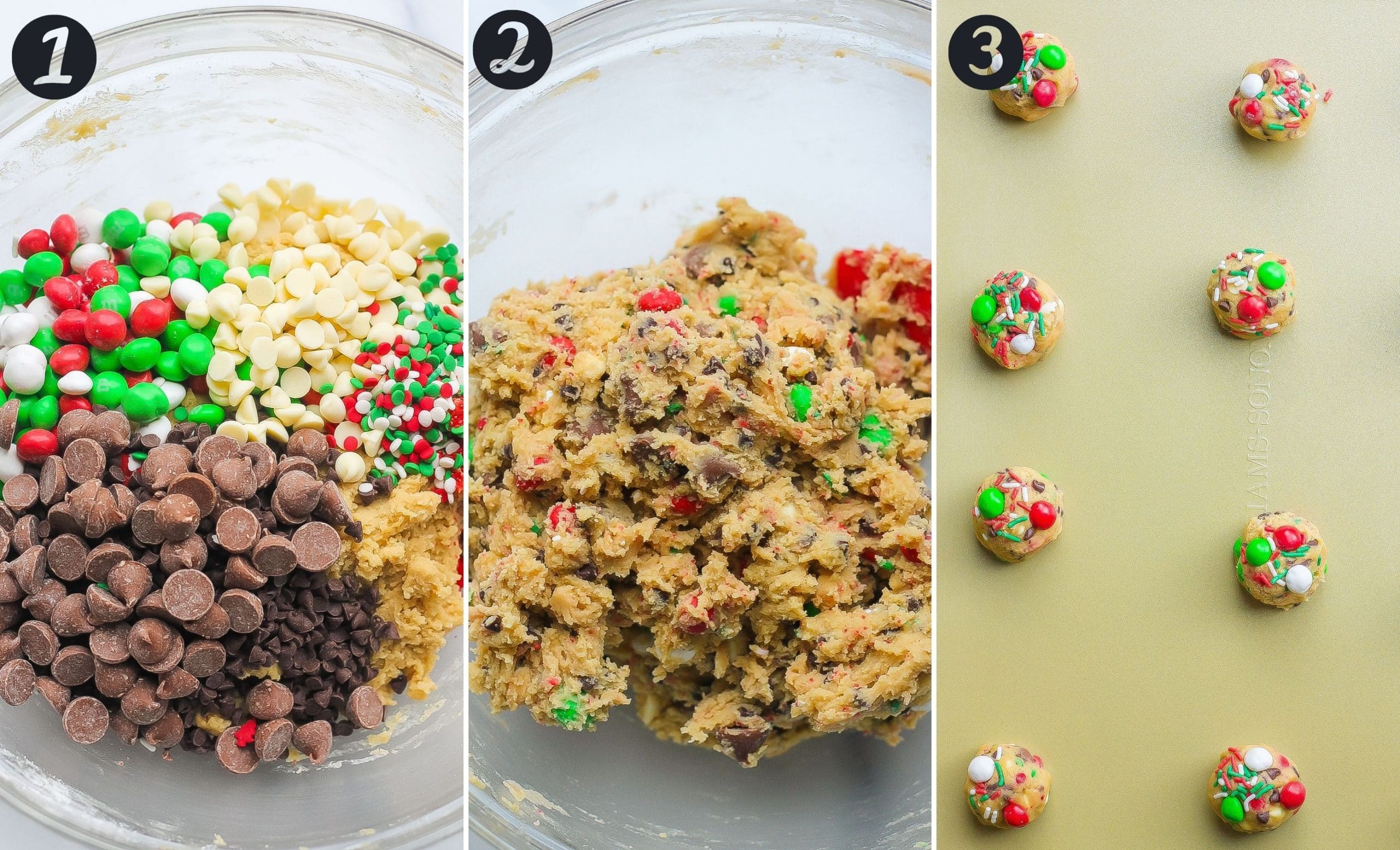 mixing chocolate chips, sprinkles, and M&Ms into cookie dough and placing cookie dough balls on baking sheet with parchment paper