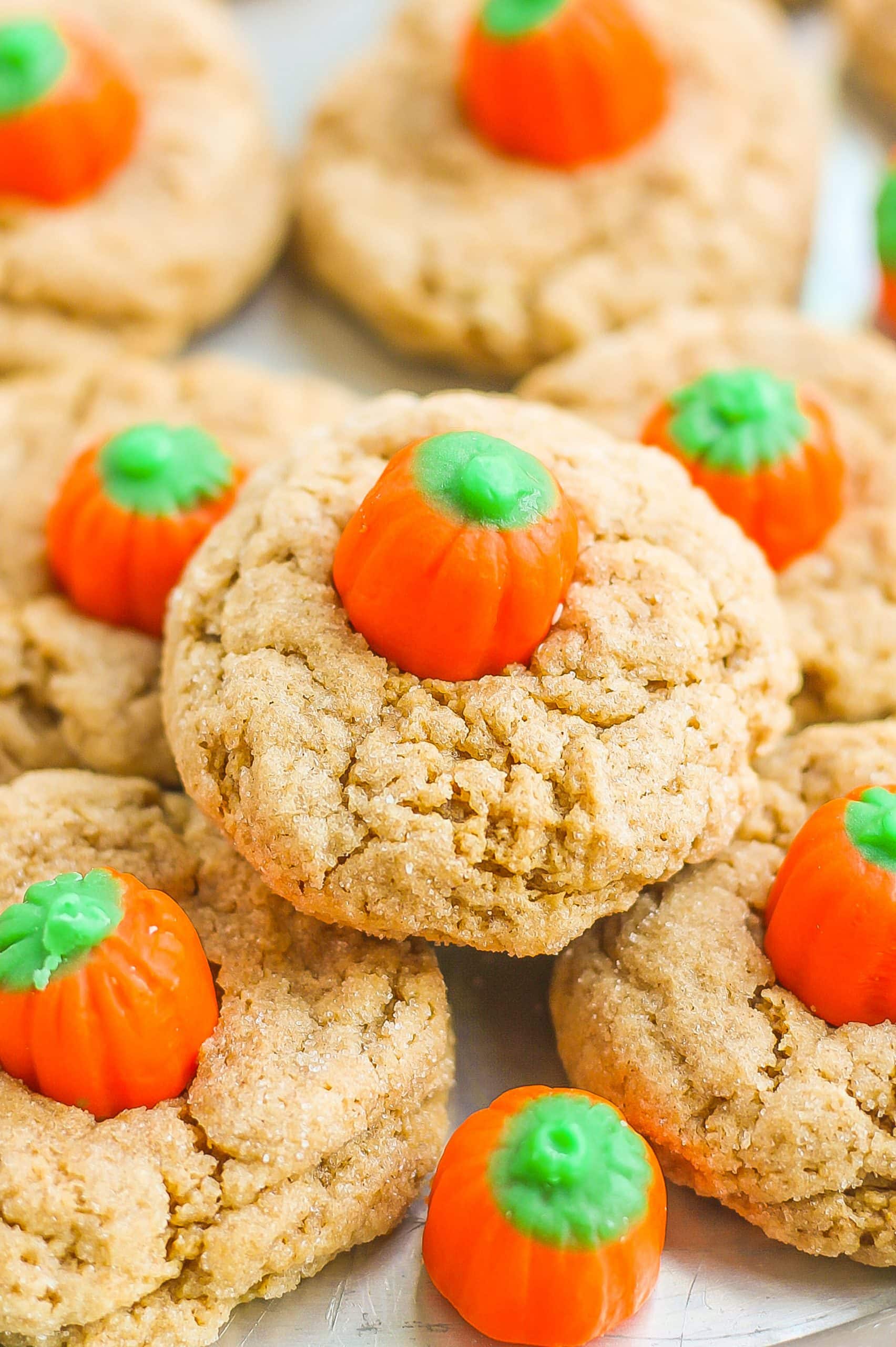 Close up of spice cookies with pumpkin candies on silver plate. 