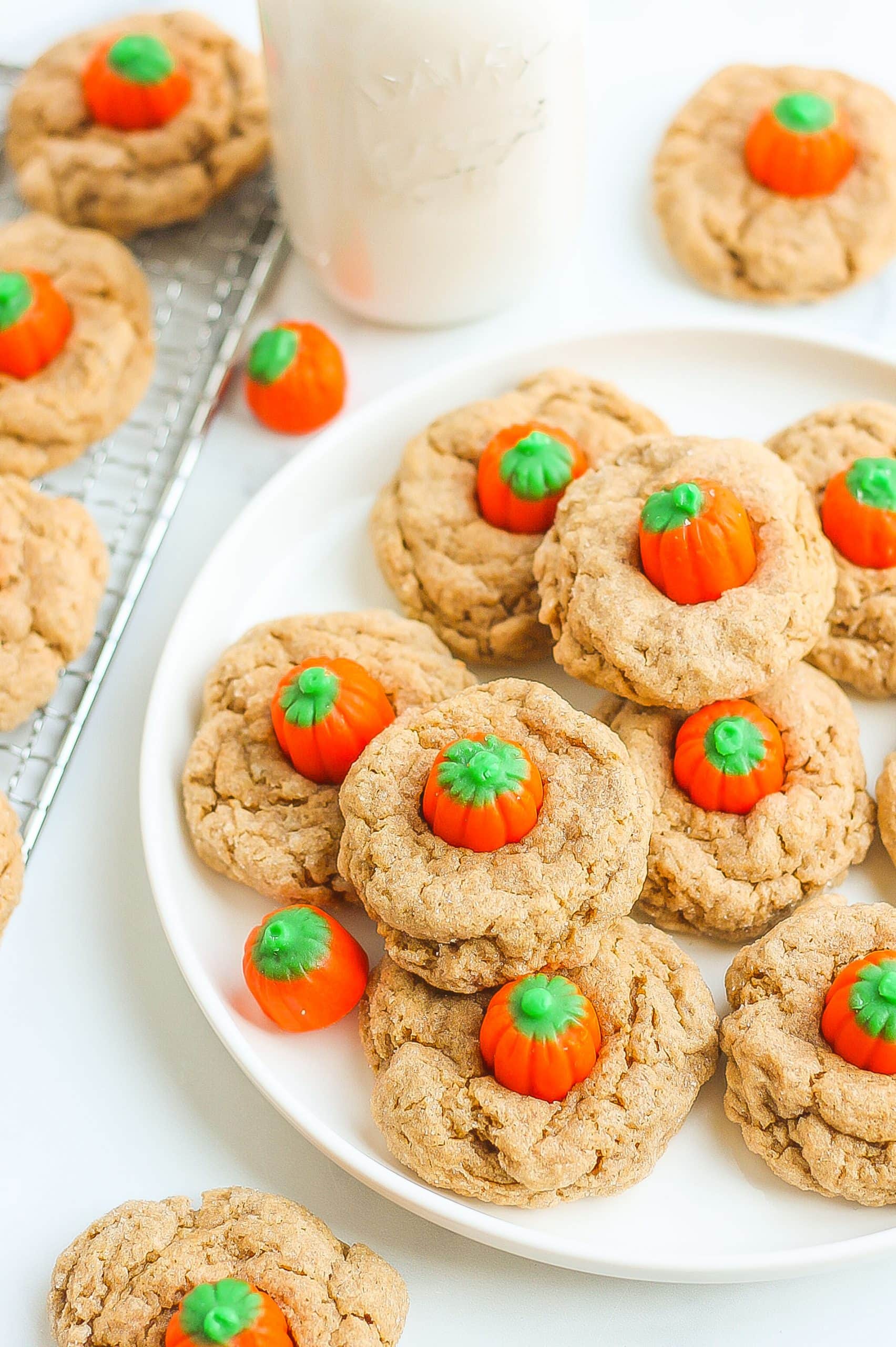 Spice cookies with pumpkin candies on circular white plate. 