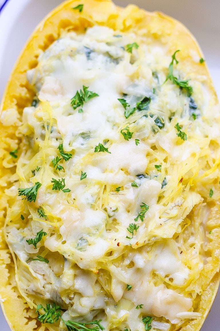 Spinach And Artichoke Stuffed Spaghetti Squash (Low-Carb And EASY)