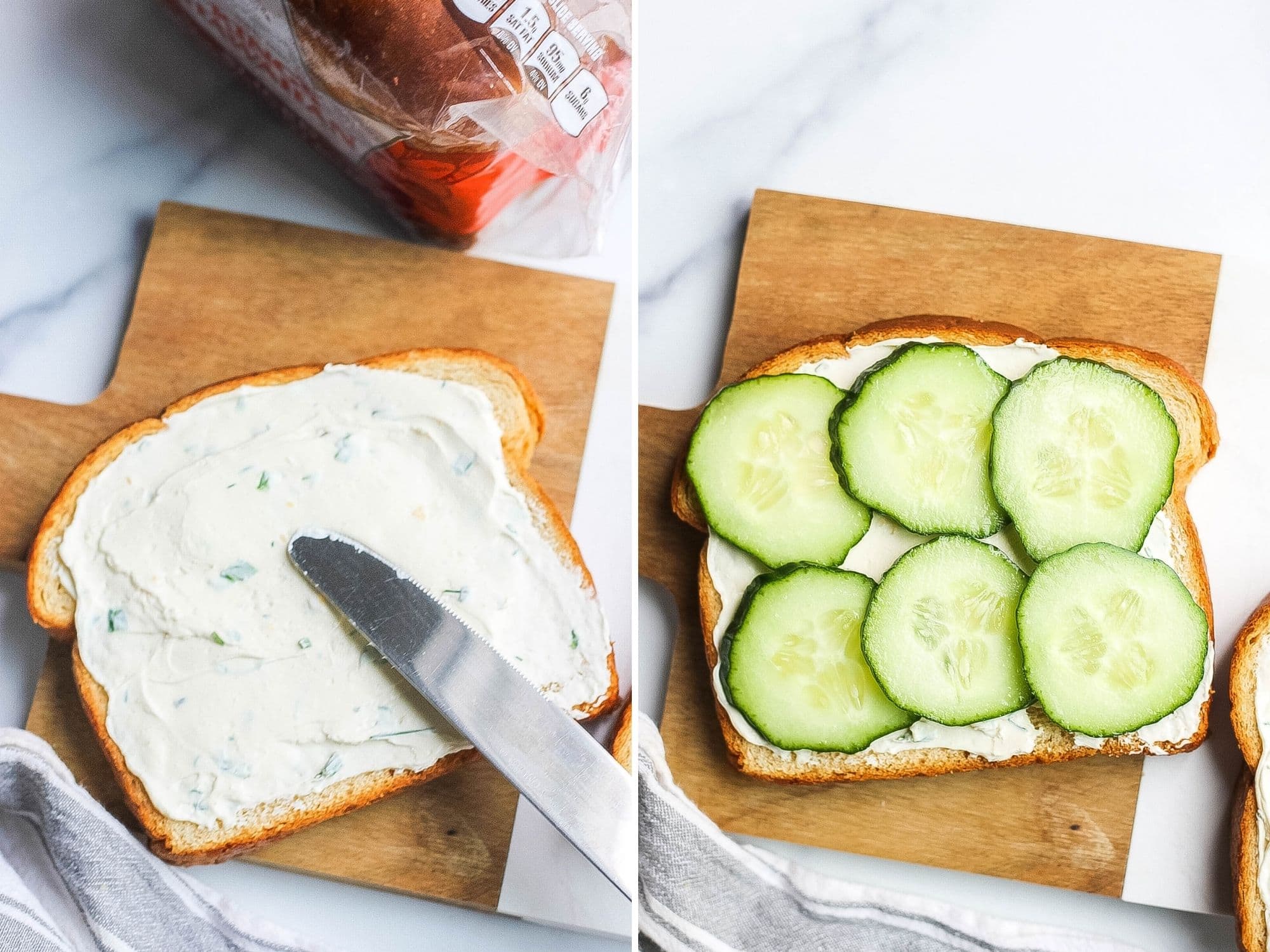 cucumber slices on bread with herb cream cheese