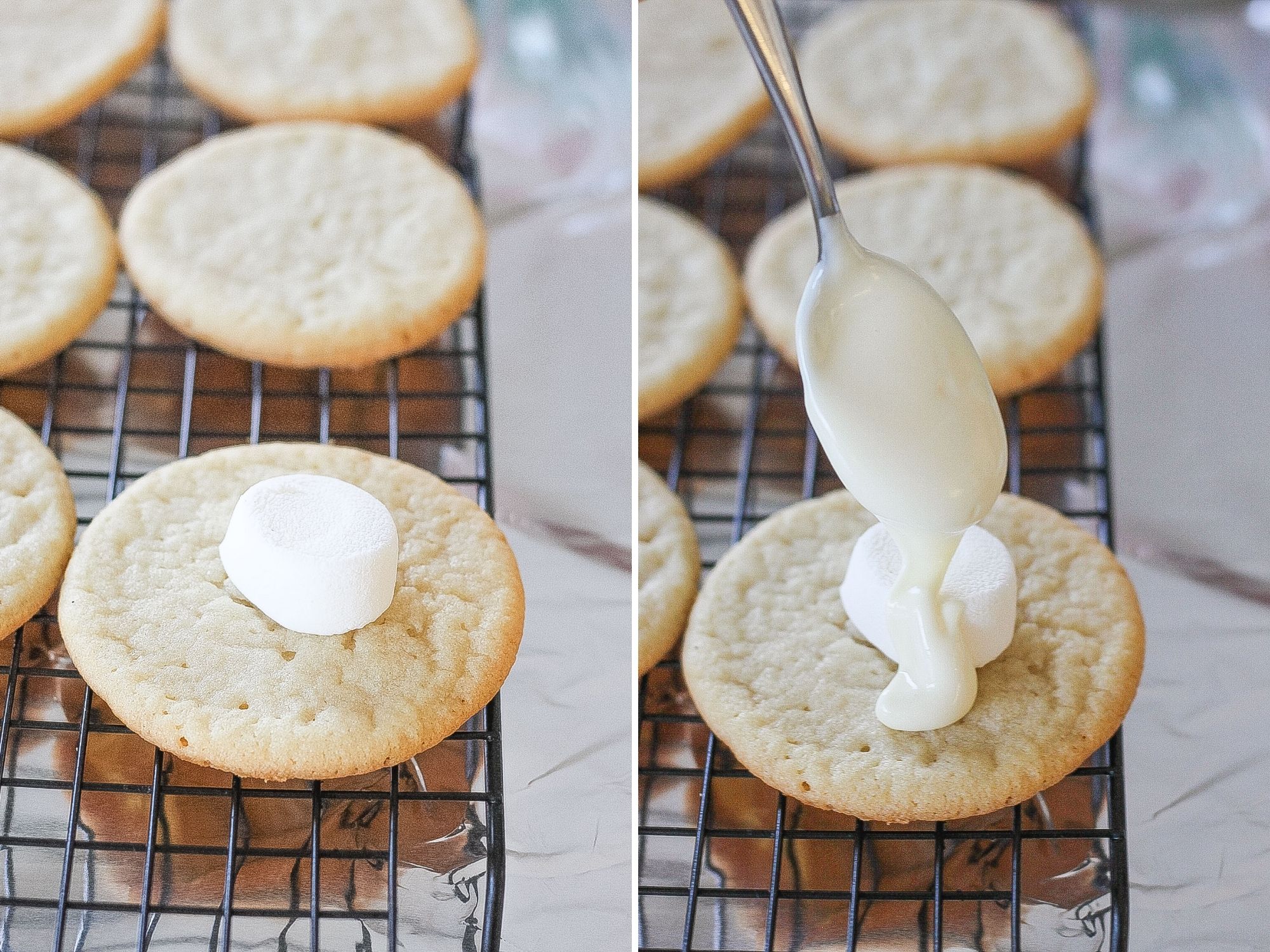 sugar cookies with marshmallow and melted white candy being drizzled with a spoon