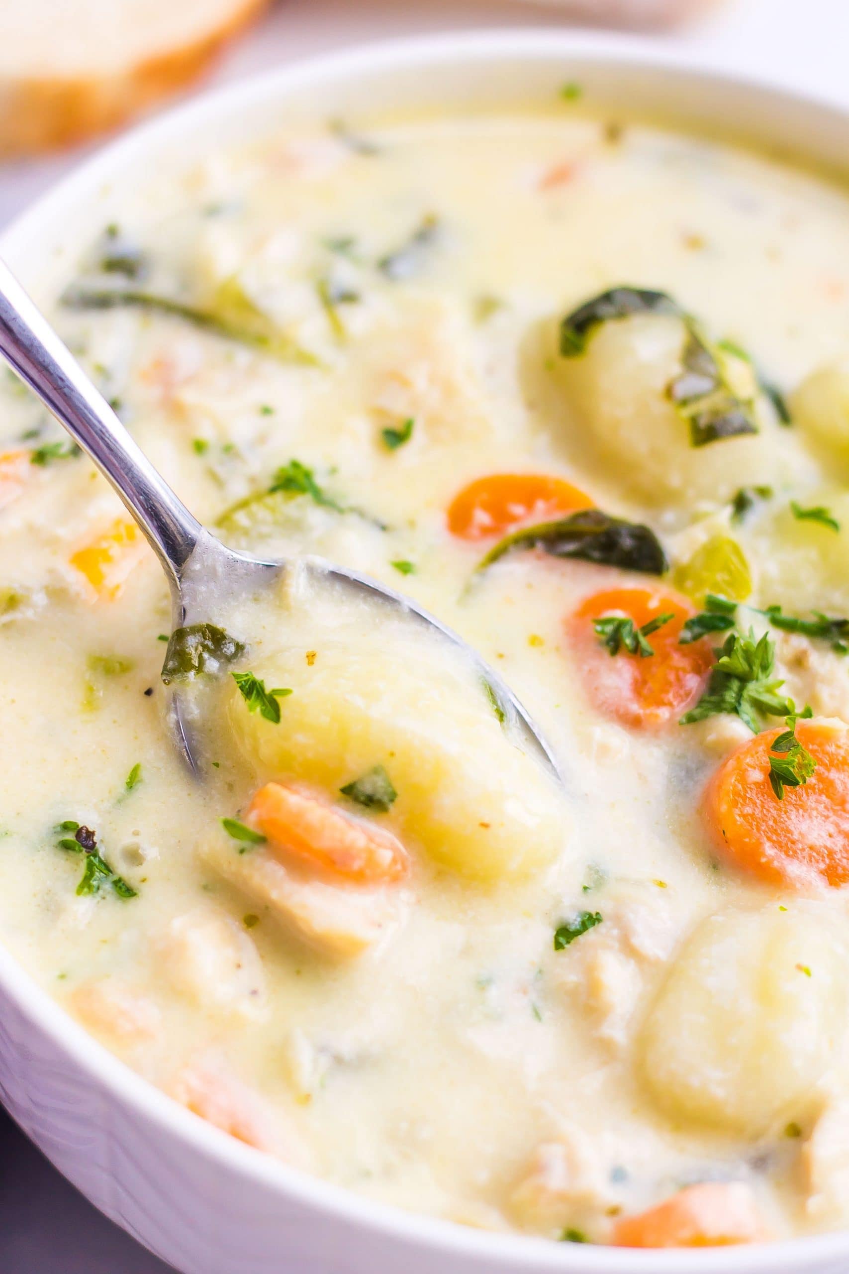 close view of spoon dipped in chicken gnocchi soup in white bowl with parsley and carrots