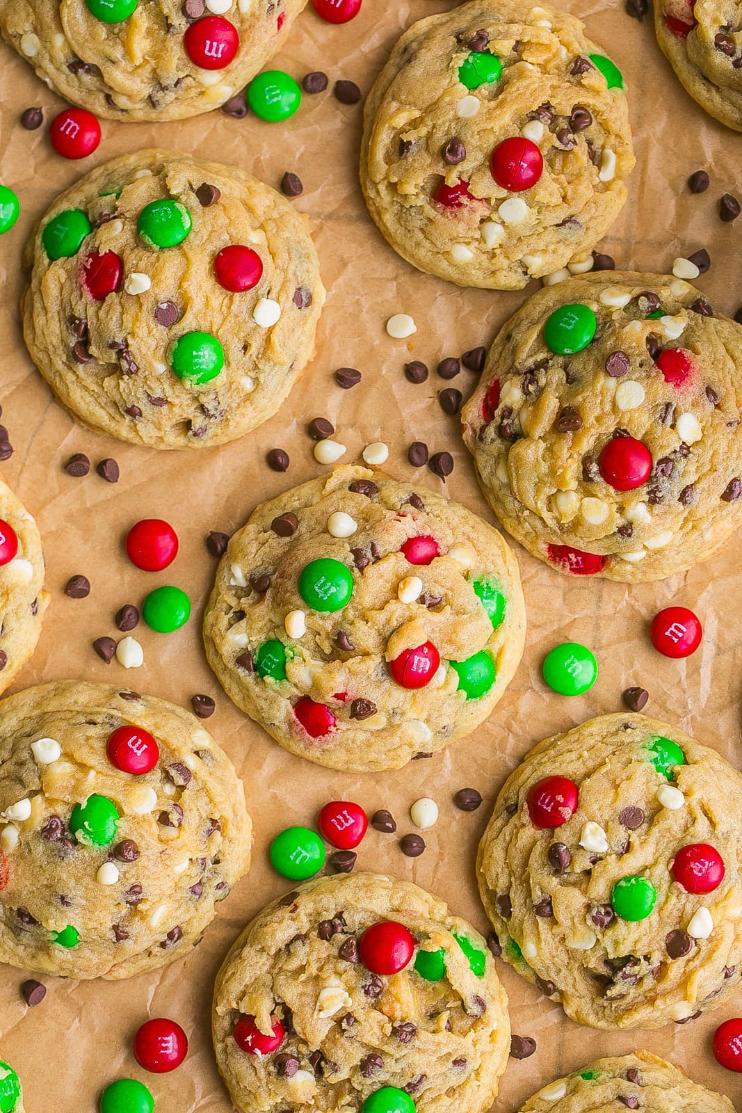 Santa Cookies with M&Ms, pudding mix and chocolate chips.