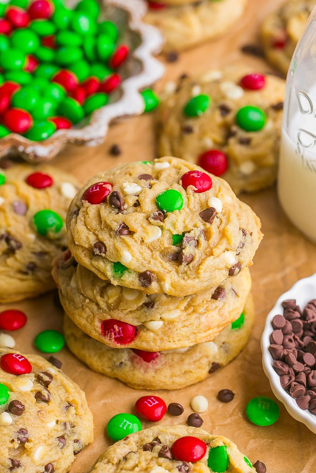 Santa Cookies Stack of pudding cookies with red and green M&Ms.