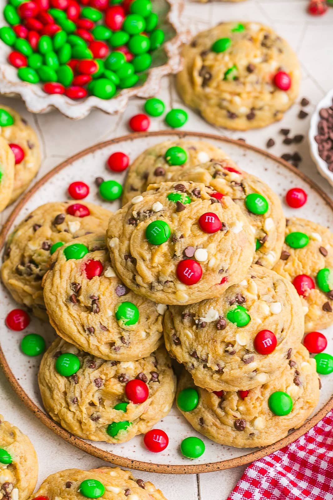Plate of Christmas M&M Pudding Cookies.