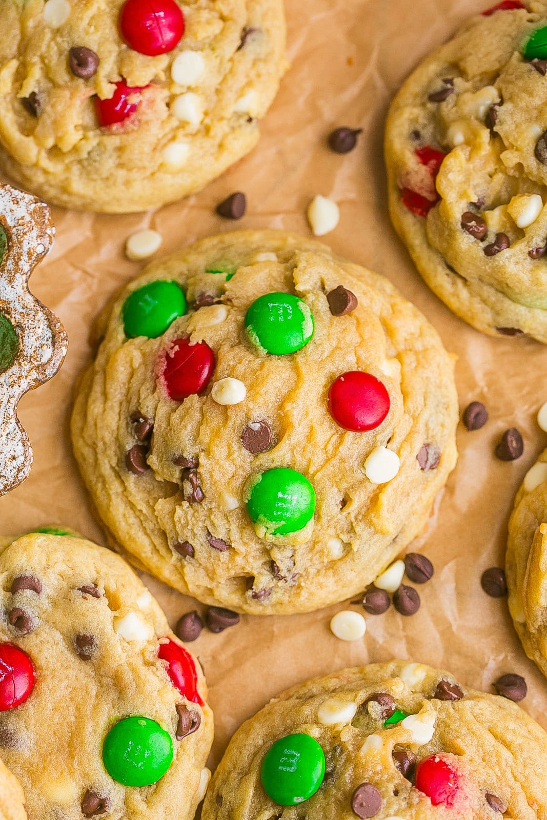 Santa Cookies Close up of Santa M&M Pudding Cookie.