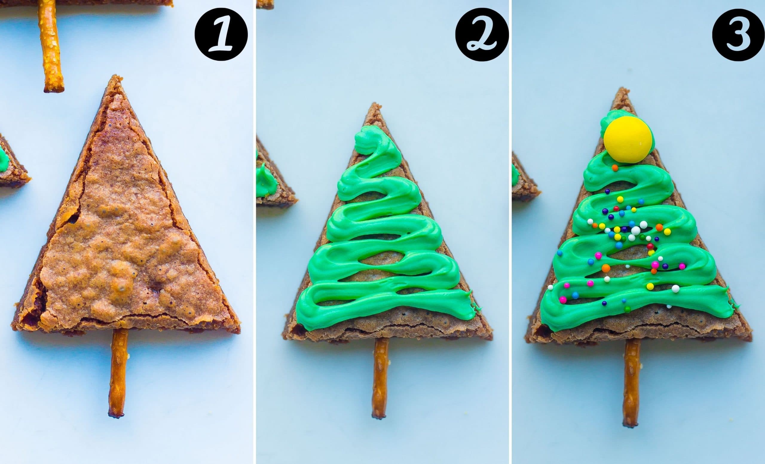 step-by-step instructions of how to make christmas tree brownies