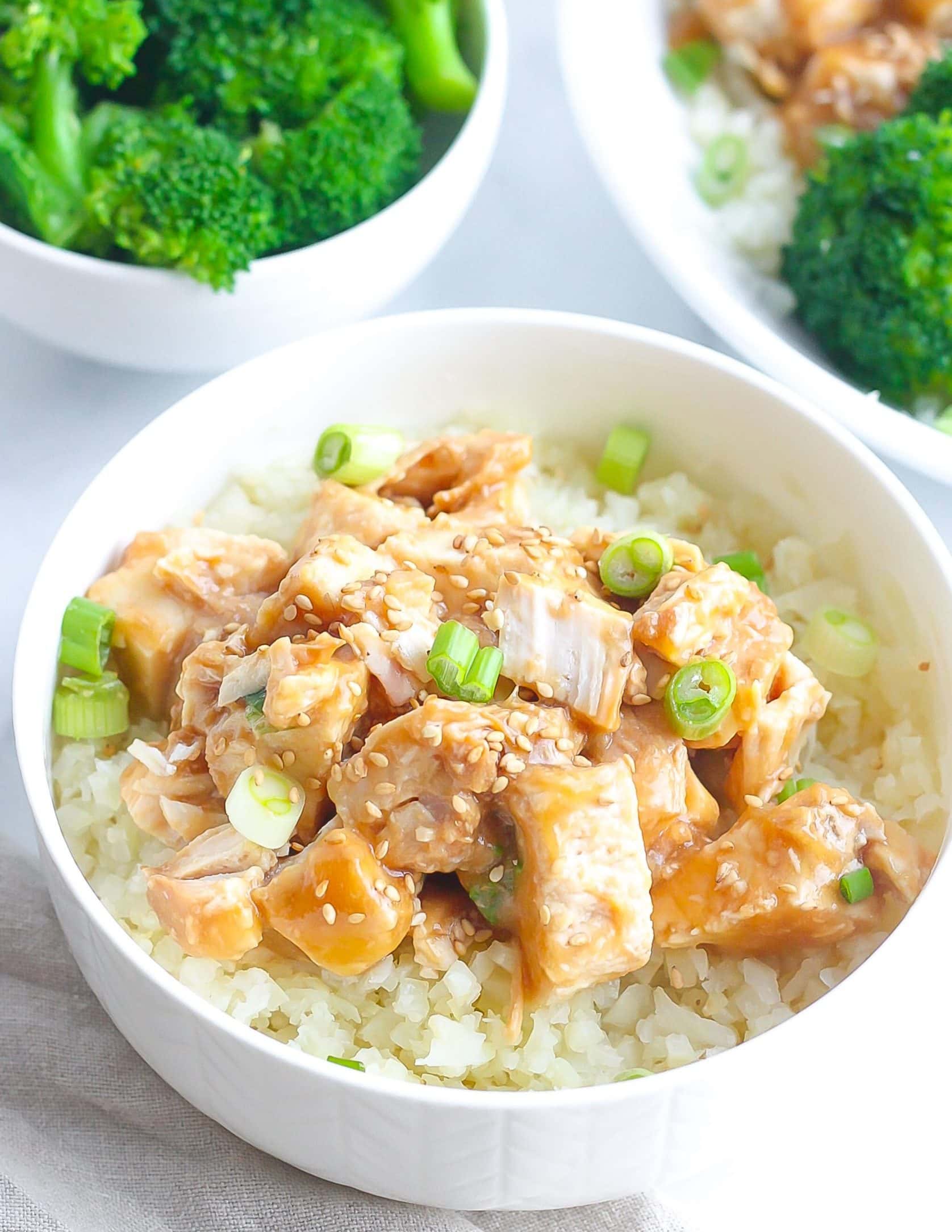 Slow Cooker Teriyaki Chicken in a white bowl