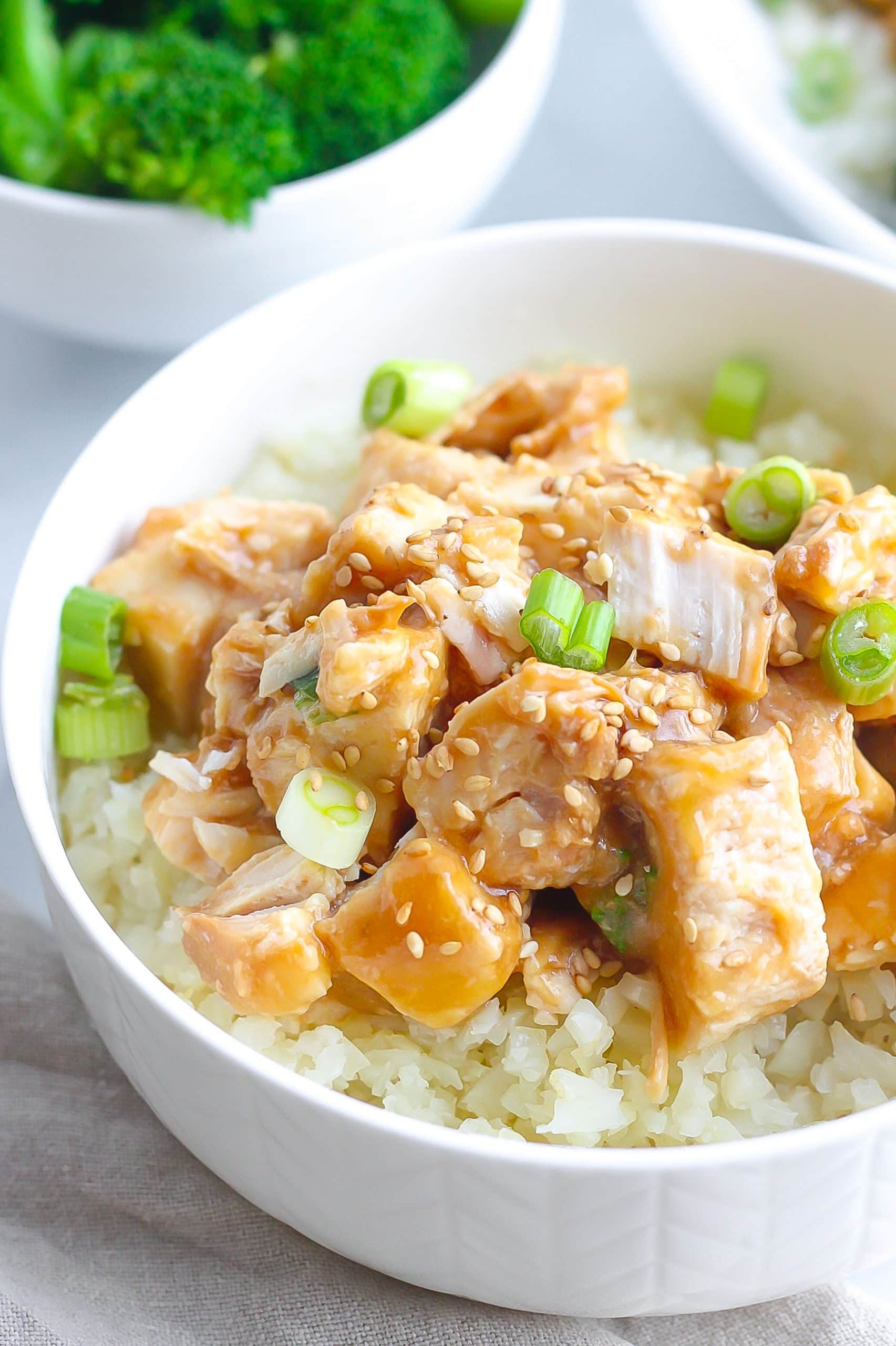 slow cooker chicken teriyaki in a bowl with rice
