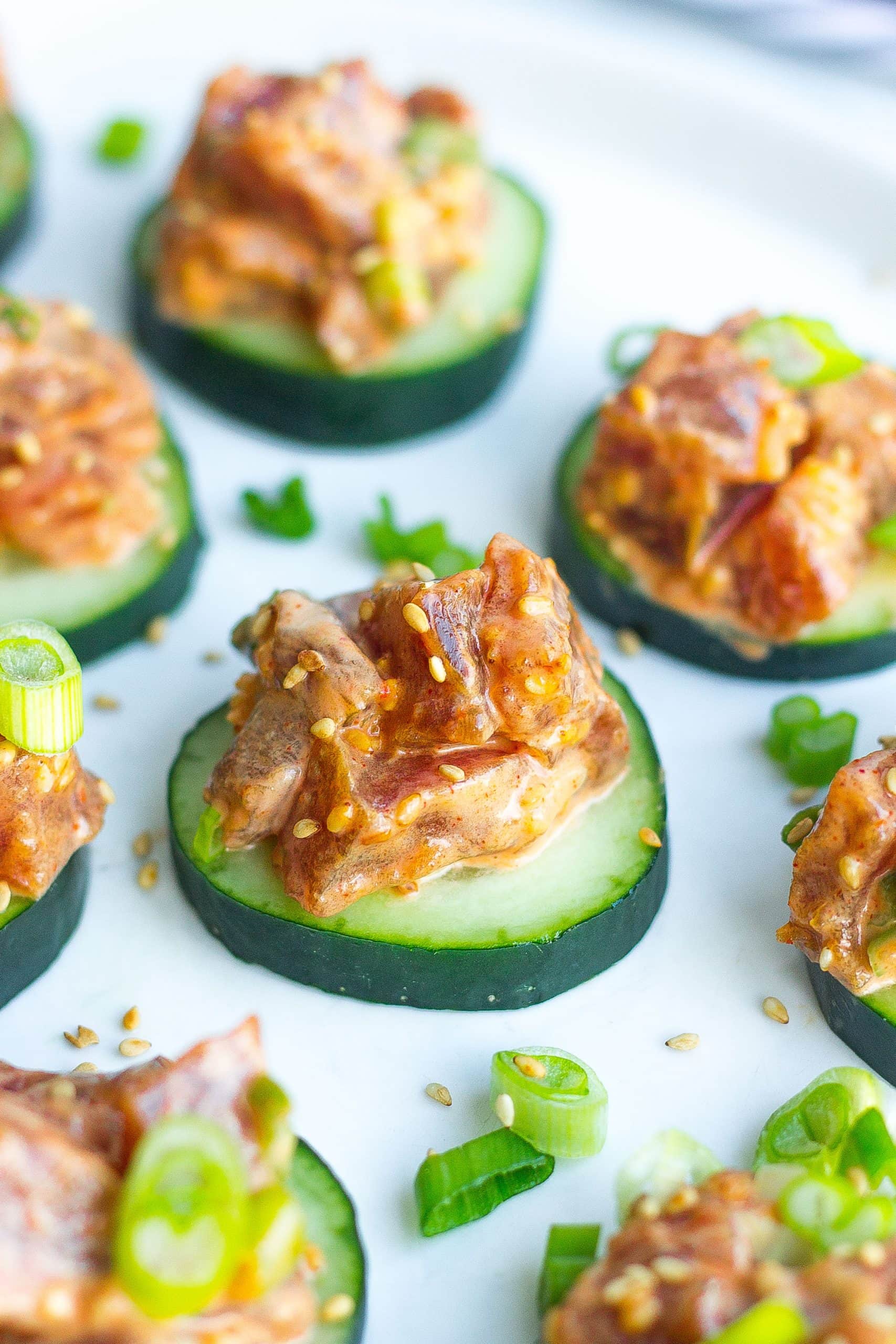 cucumber slices with tuna mixture on top 
