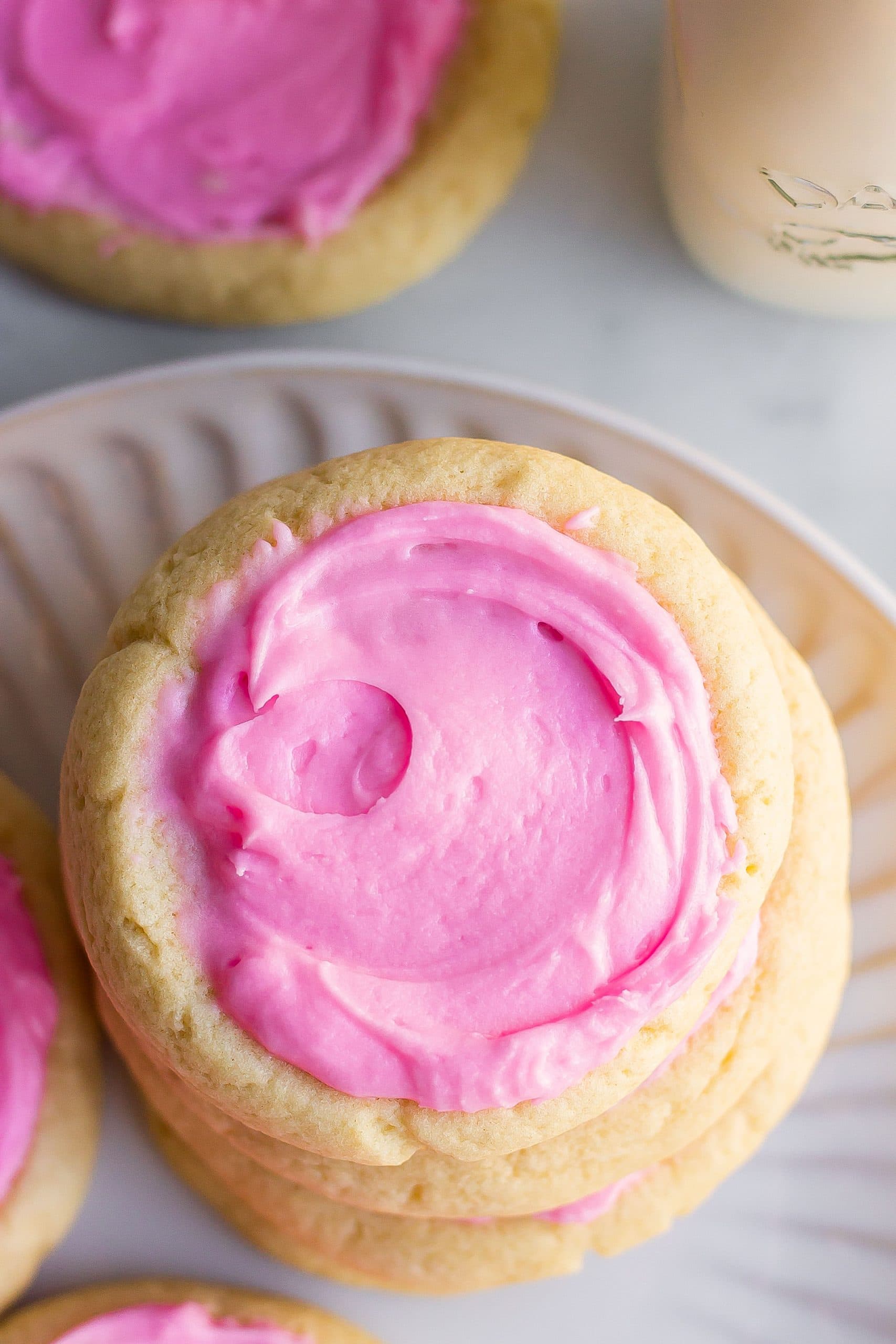 birds-eye view of sugar cookie with pink frosting