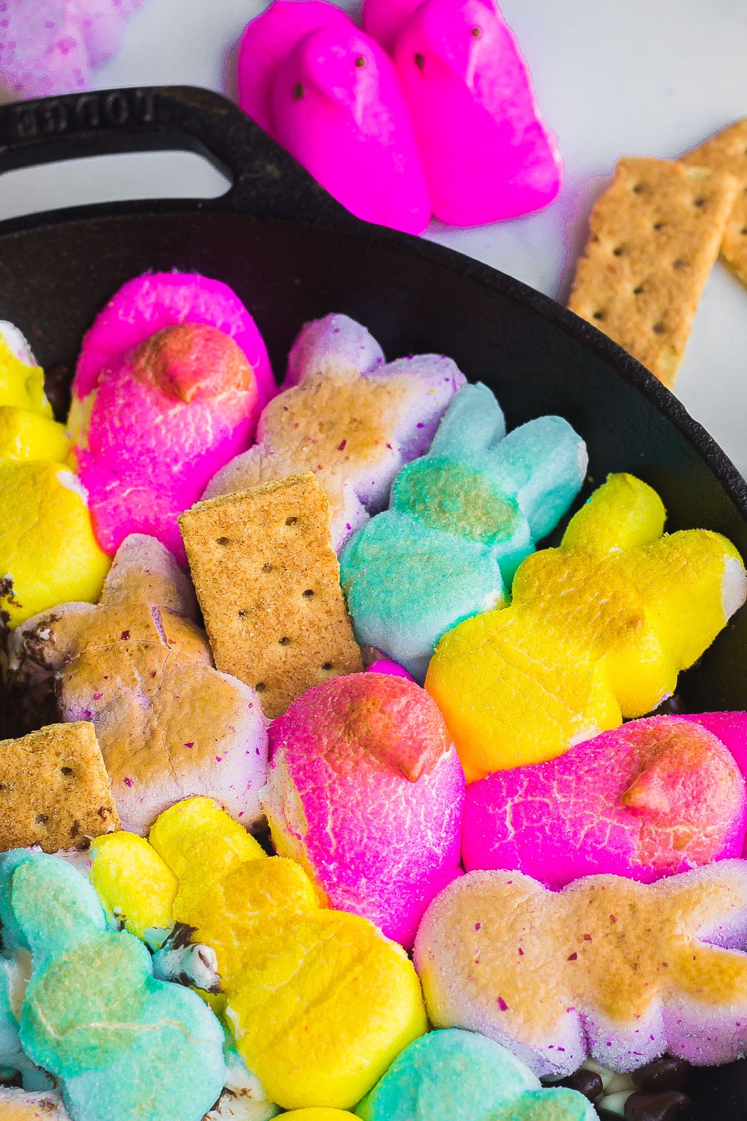 baked s'mores with peeps and graham crackers