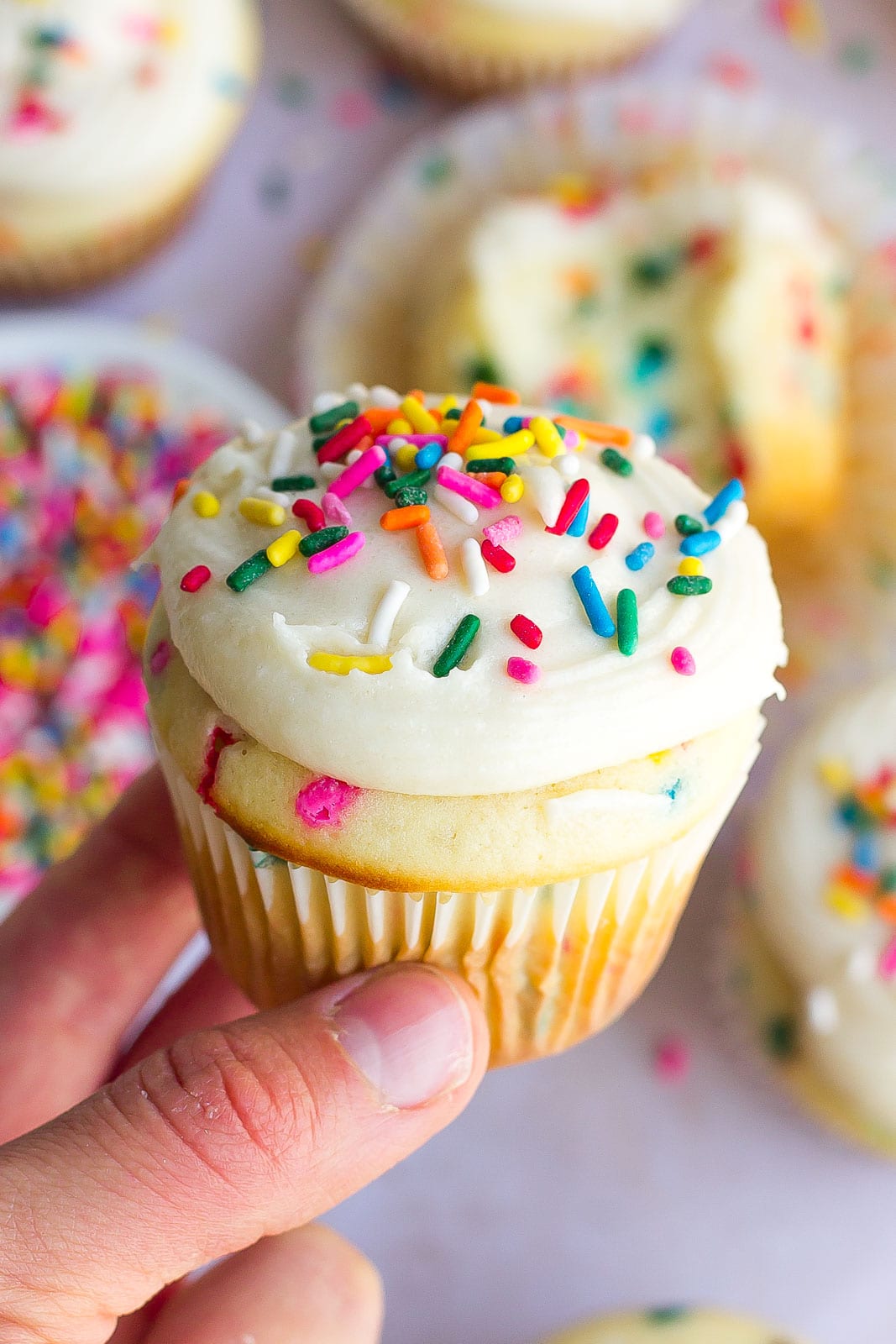 hand holding a cupcake with frosting and sprinkles