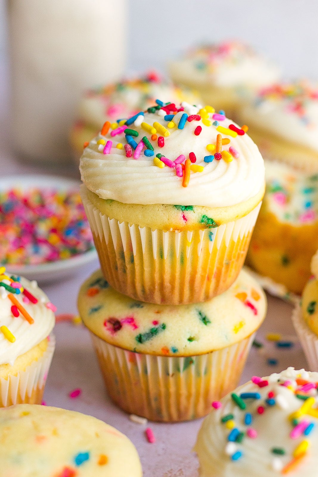 stack of homemade funfetti cupcakes