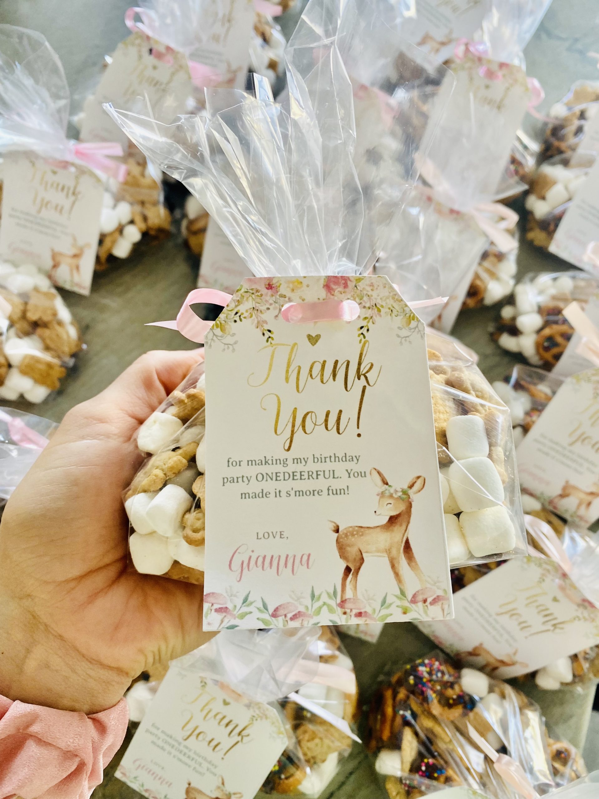 S'mores Snack Mix Party Favors for baby girls 1st birthday