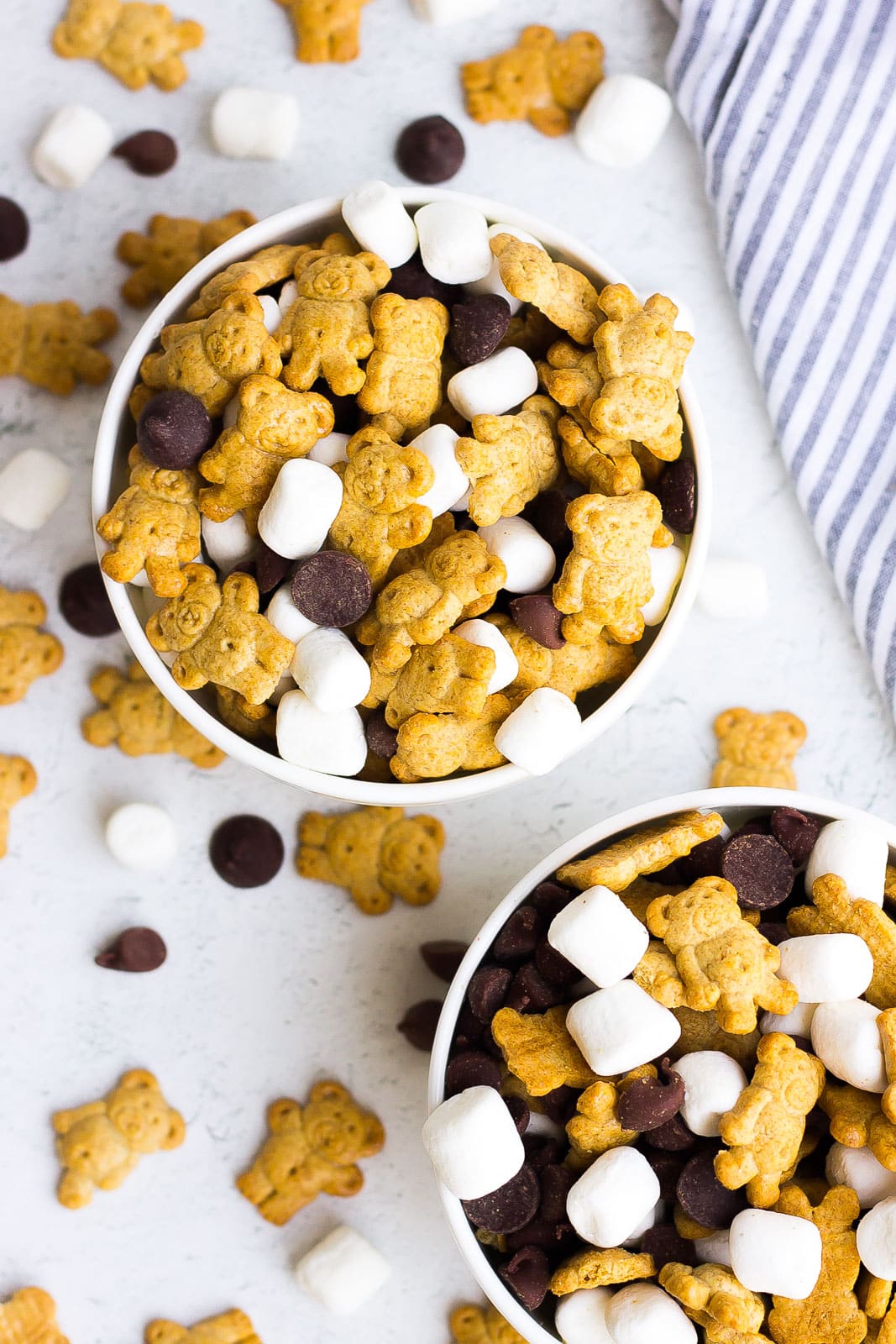 s'mores snack mix in white bowls