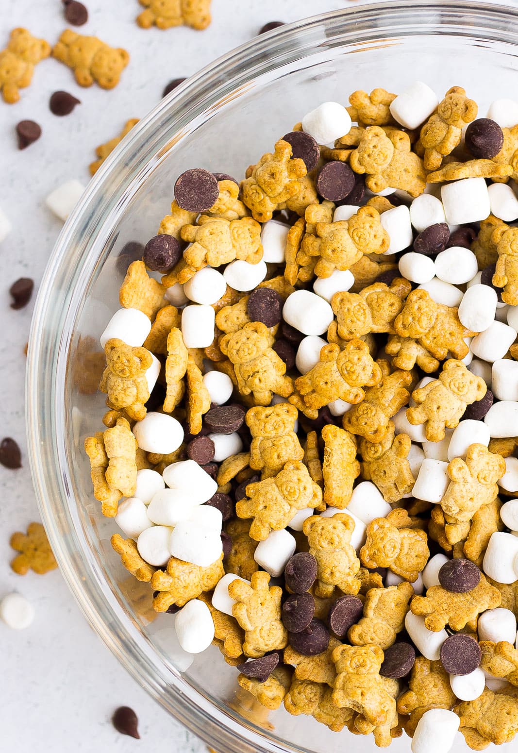 S'mores Snack Mix in a glass mixing bowl 