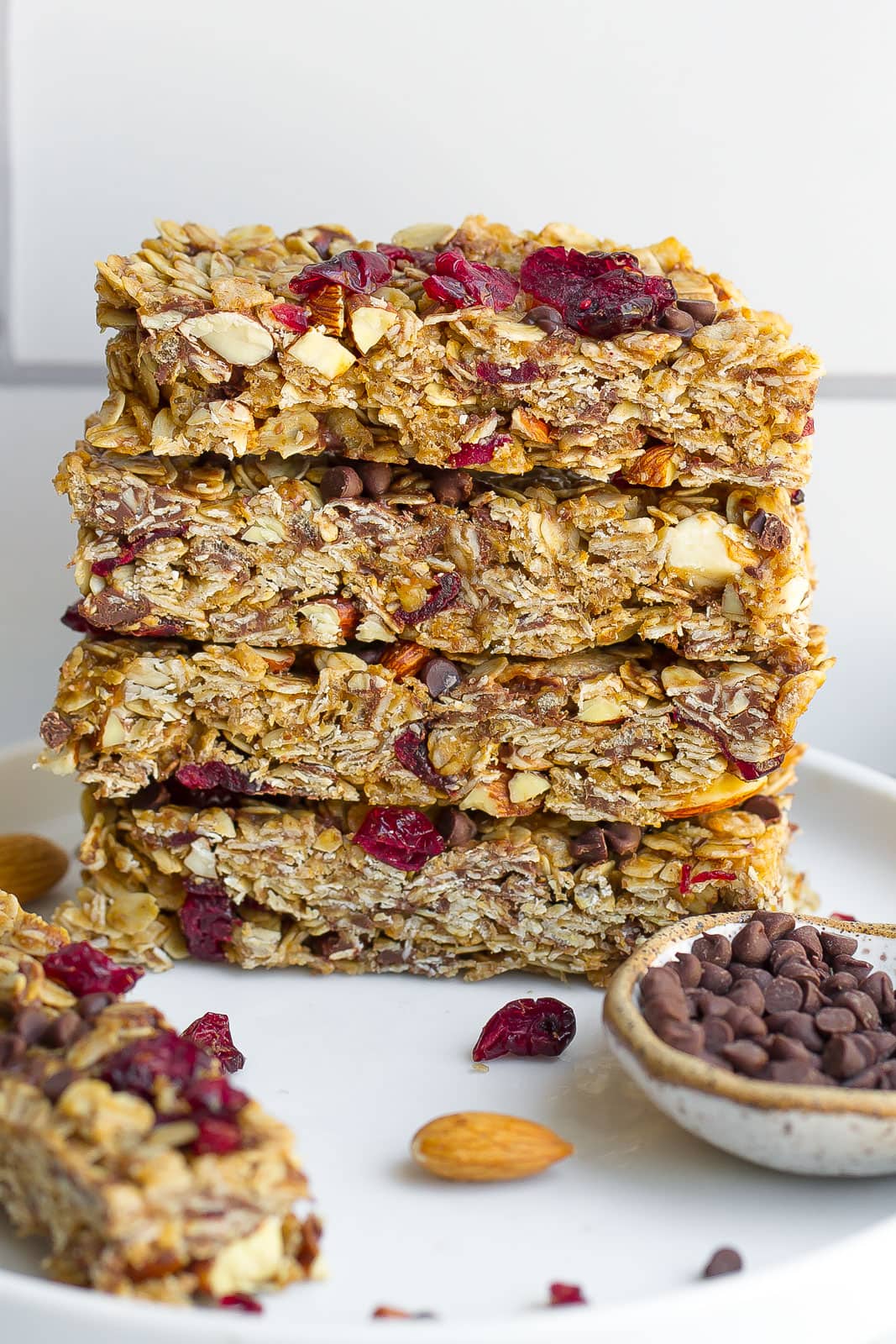 stack of granola bars with cranberries, almonds, and chocolate chips