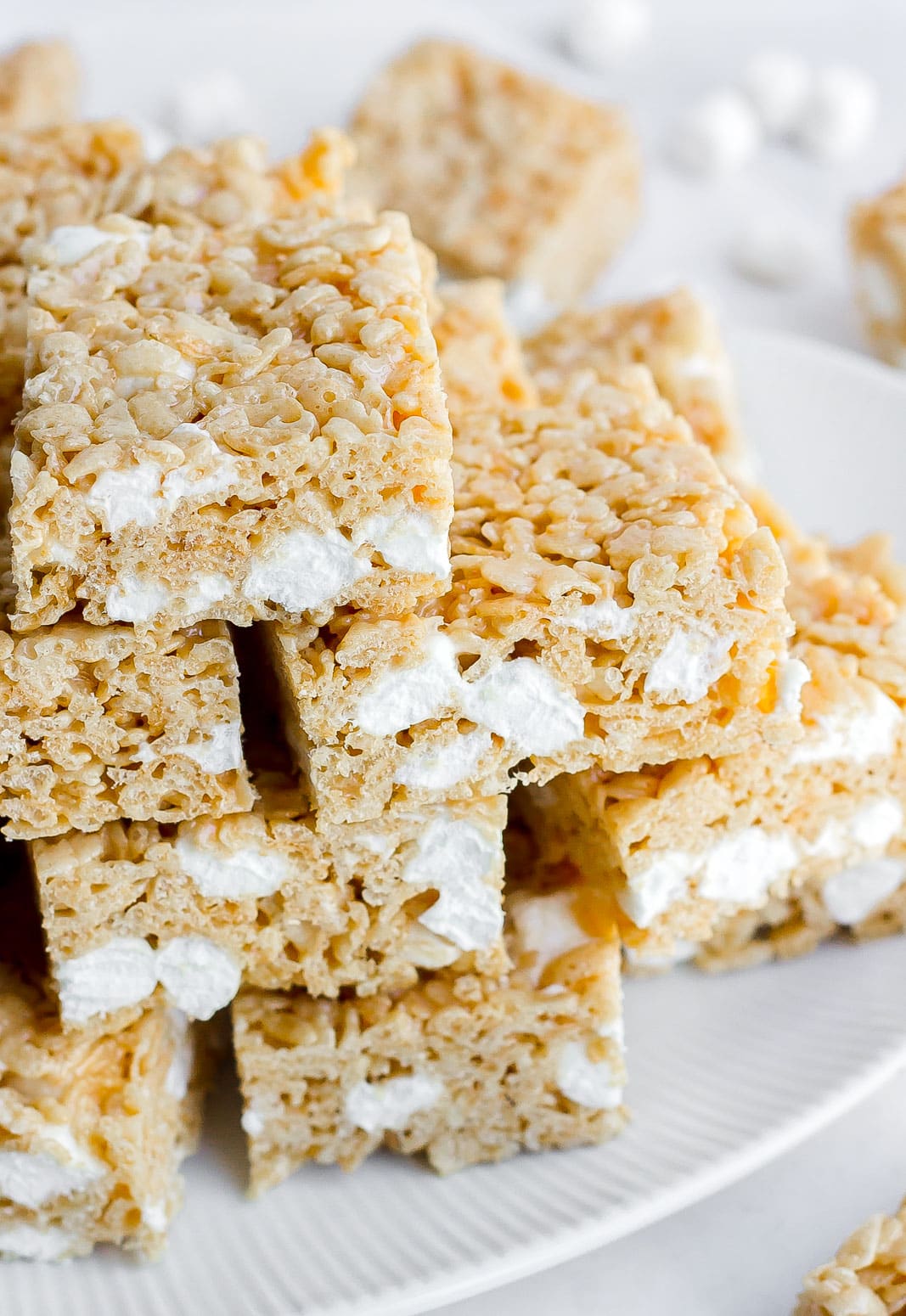 large plate of rice krispie treats with marshmallows