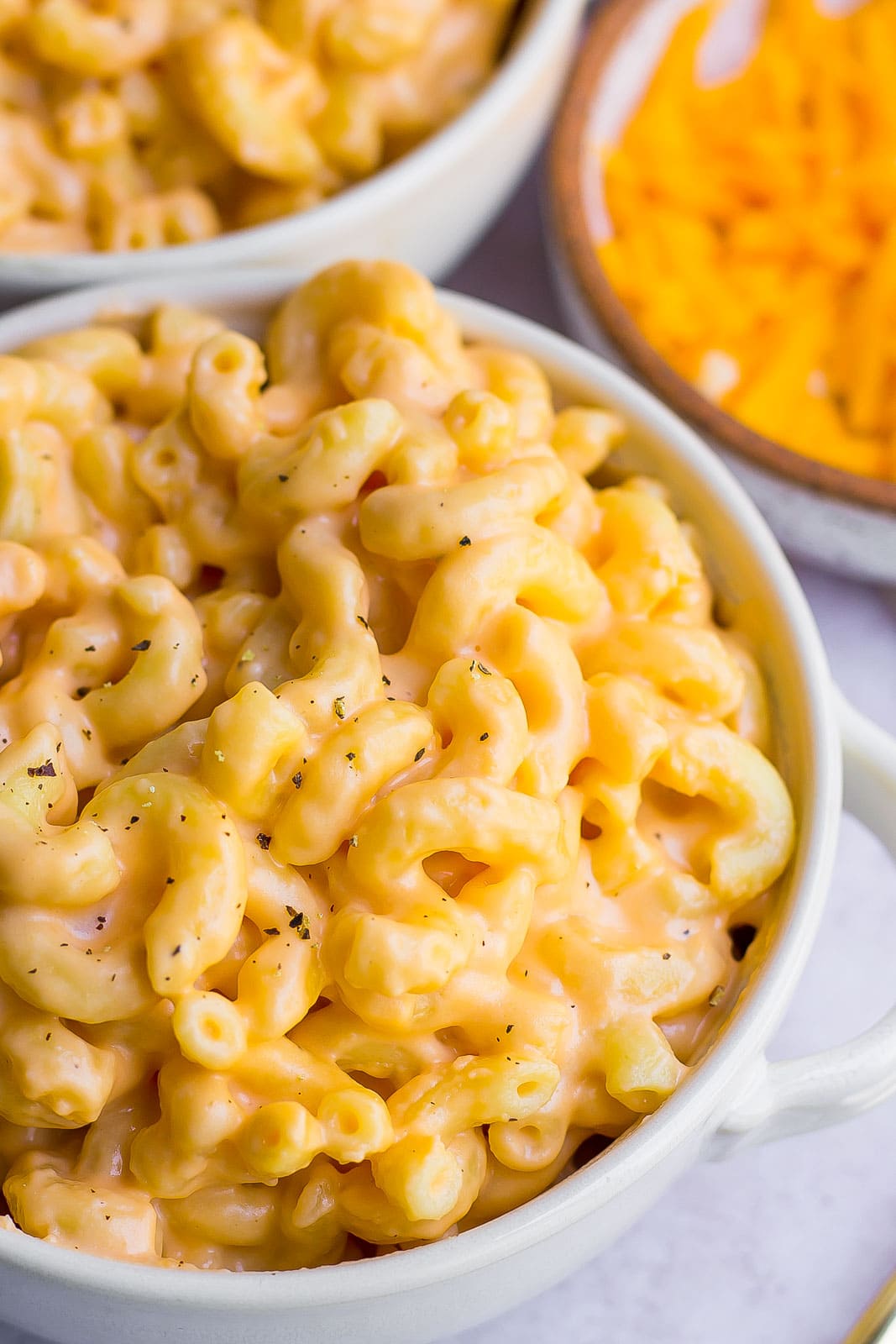 a close up view of mac and cheese