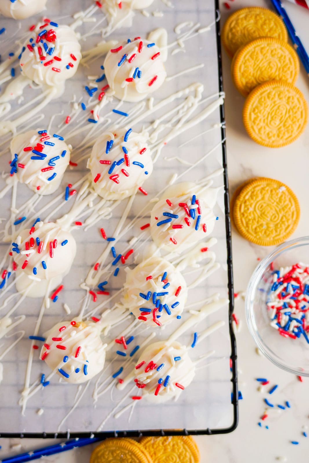 Sugar cookie truffles with red, white and blue sprinkles.