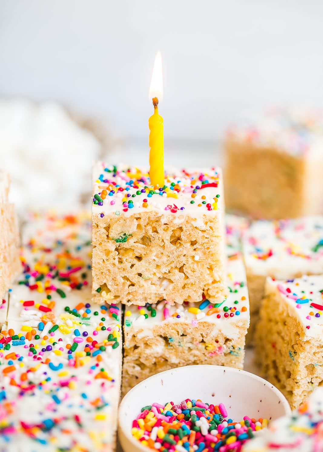lite candle in a sprinkled rice krispie treat