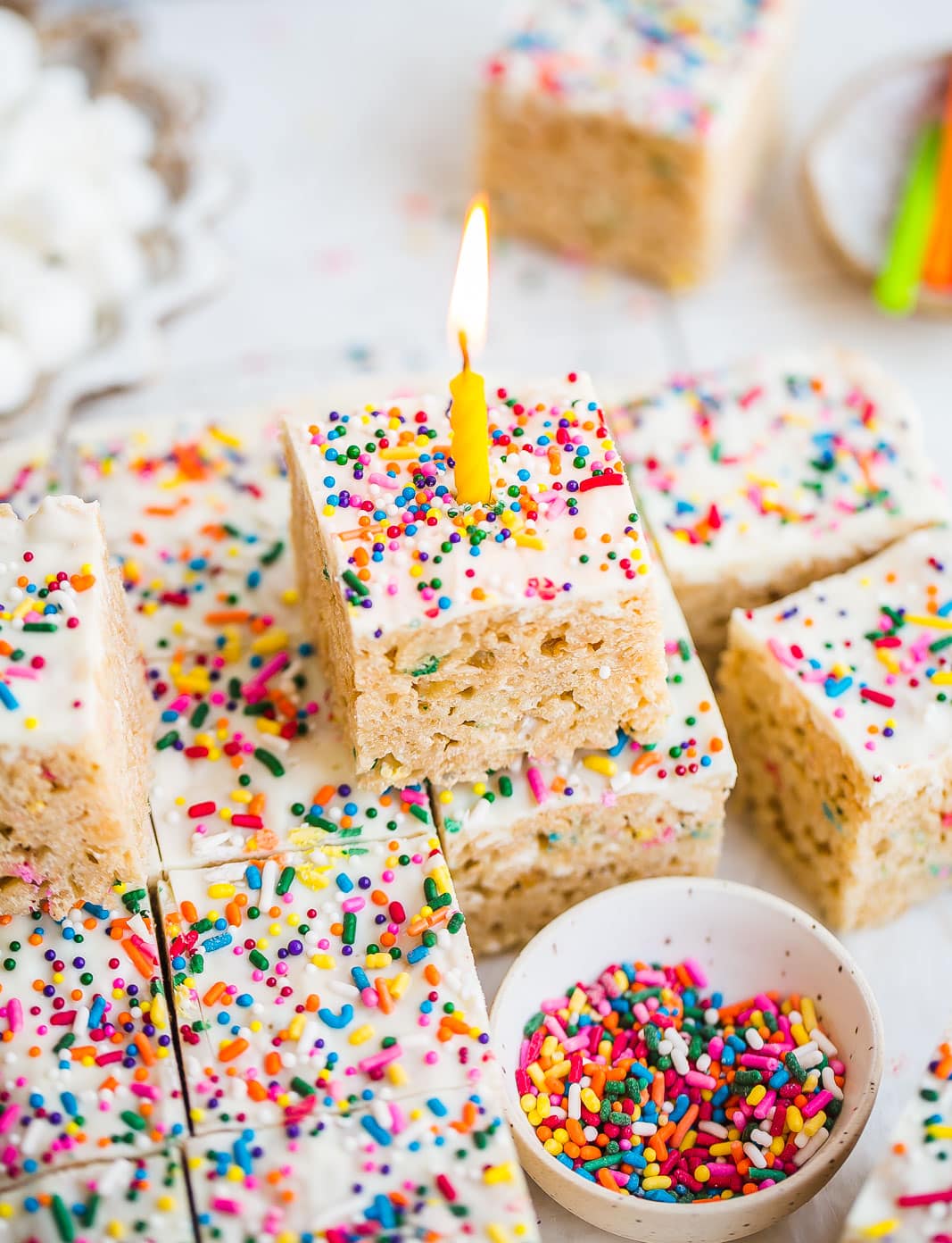 Birthday Cake Rice Krispie Treats with candle