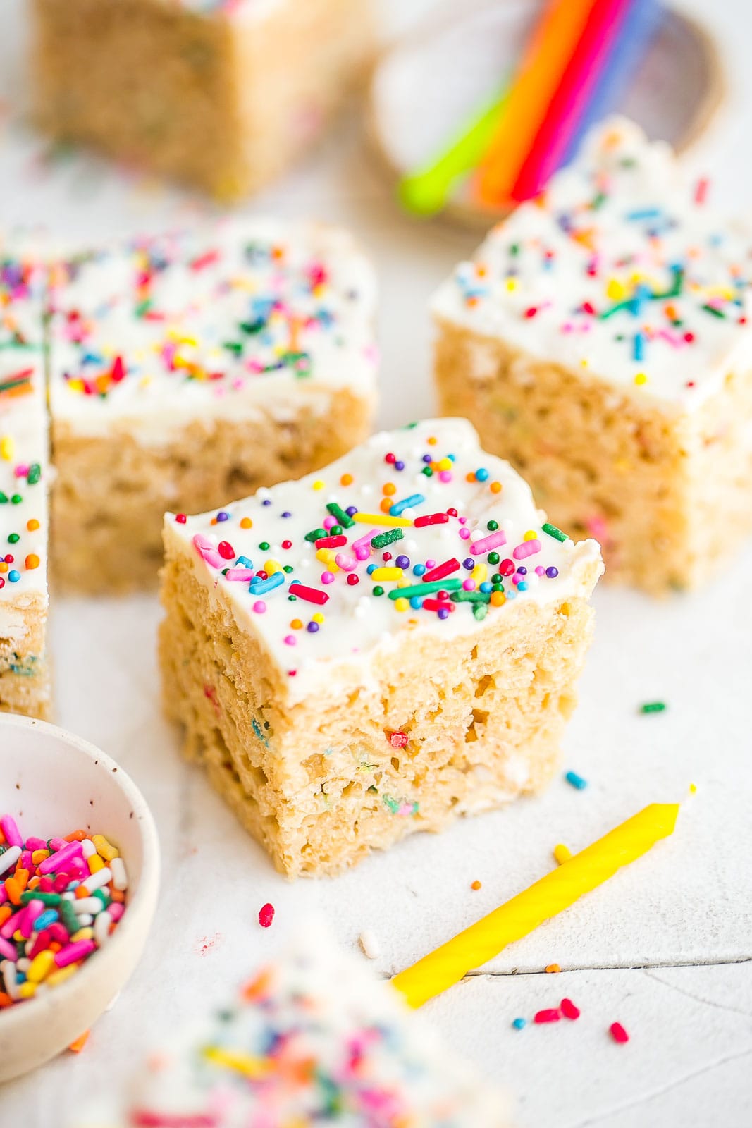 Birthday Cake Rice Krispie Treats with white chocolate and sprinkles on top 