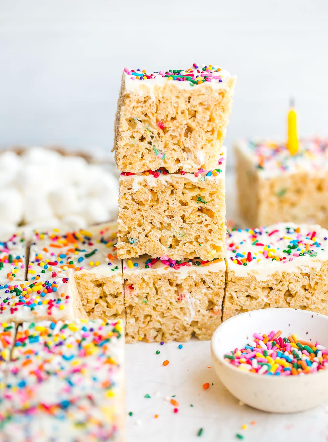 Birthday Cake Rice Krispie Treats stacked on top 