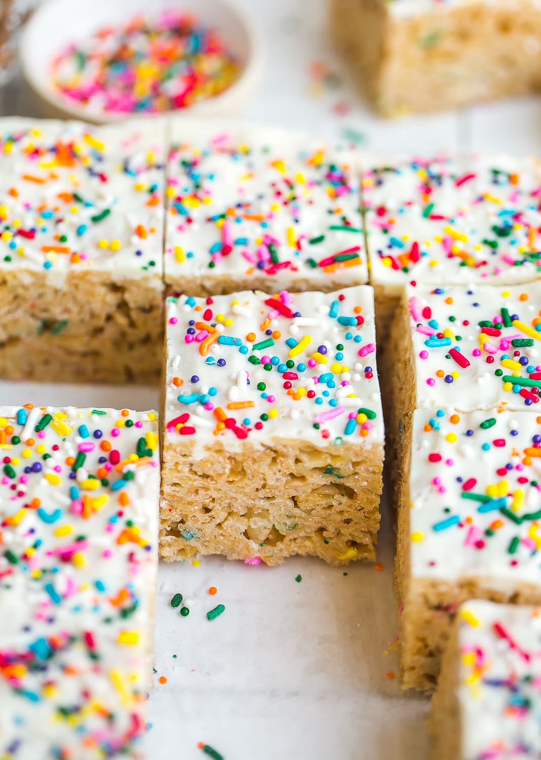 Birthday Cake Rice Krispie Treats cut into squares