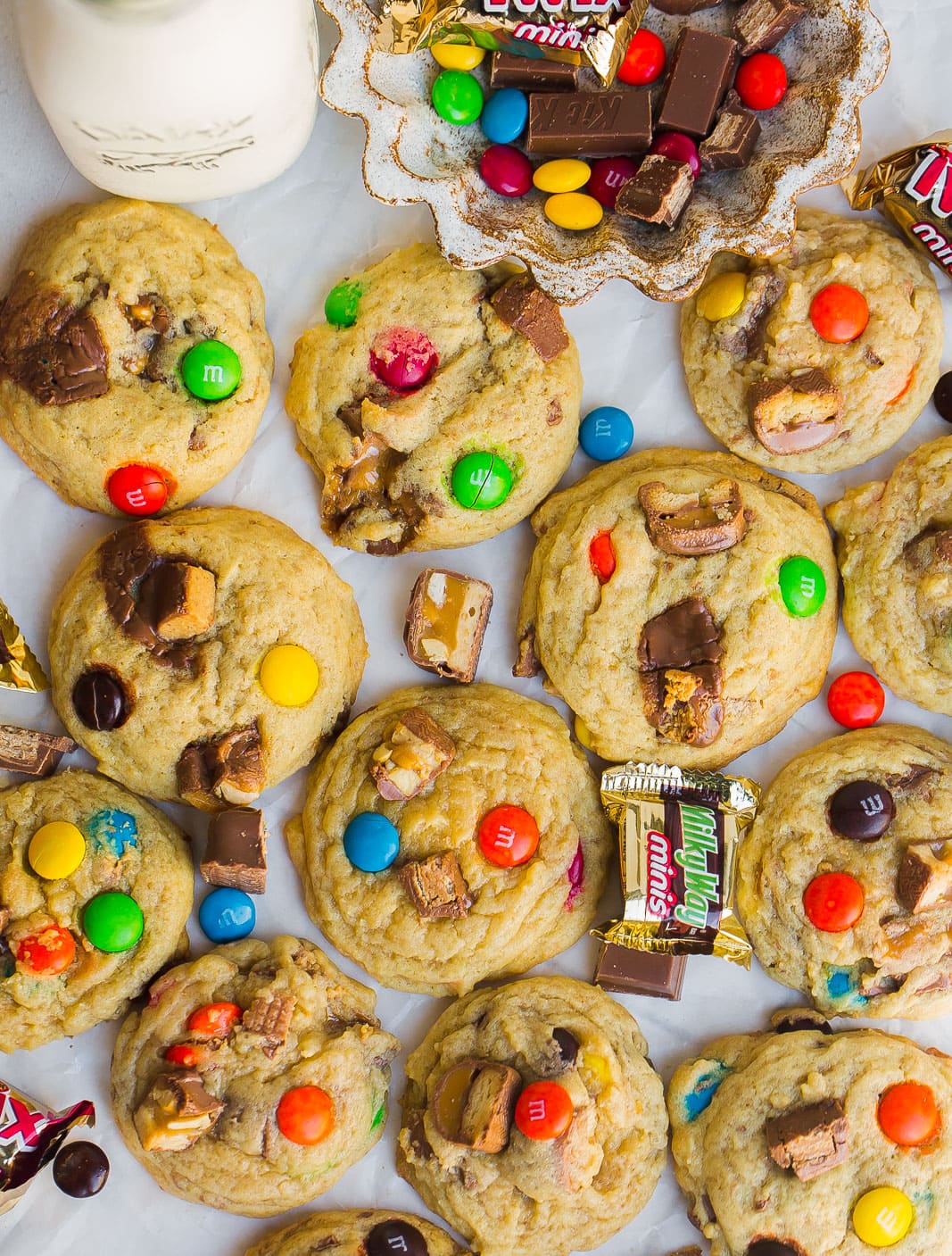 Leftover candy bar cookies with candy pieces.