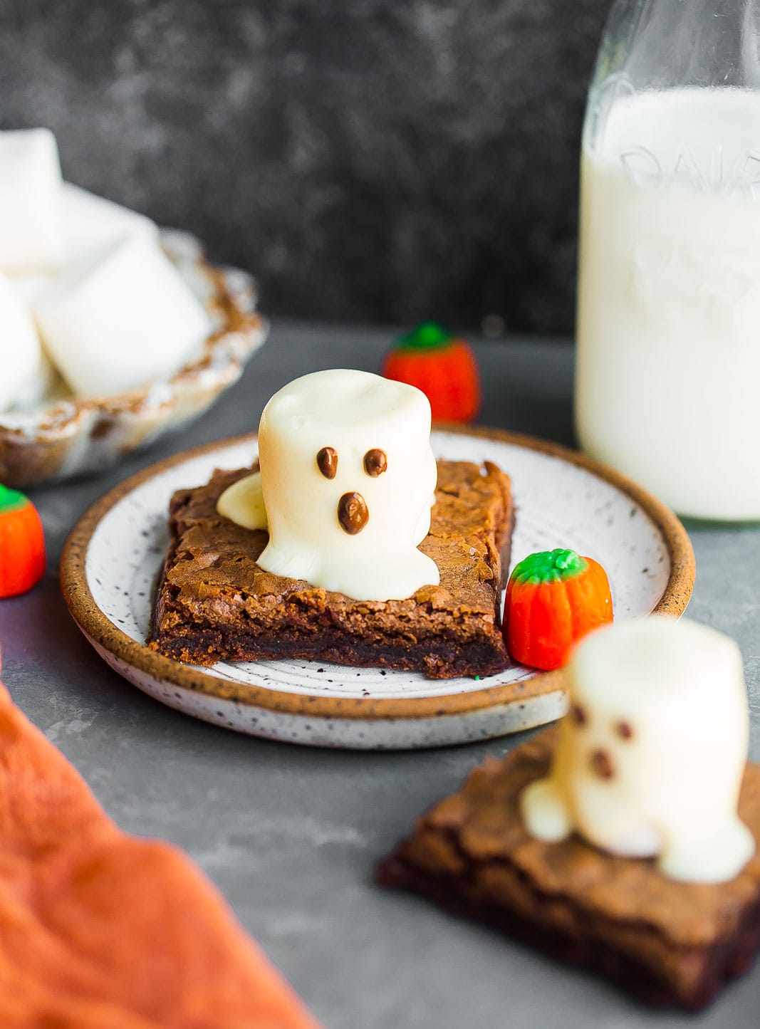 Spooky brownies with a ghost on top. 