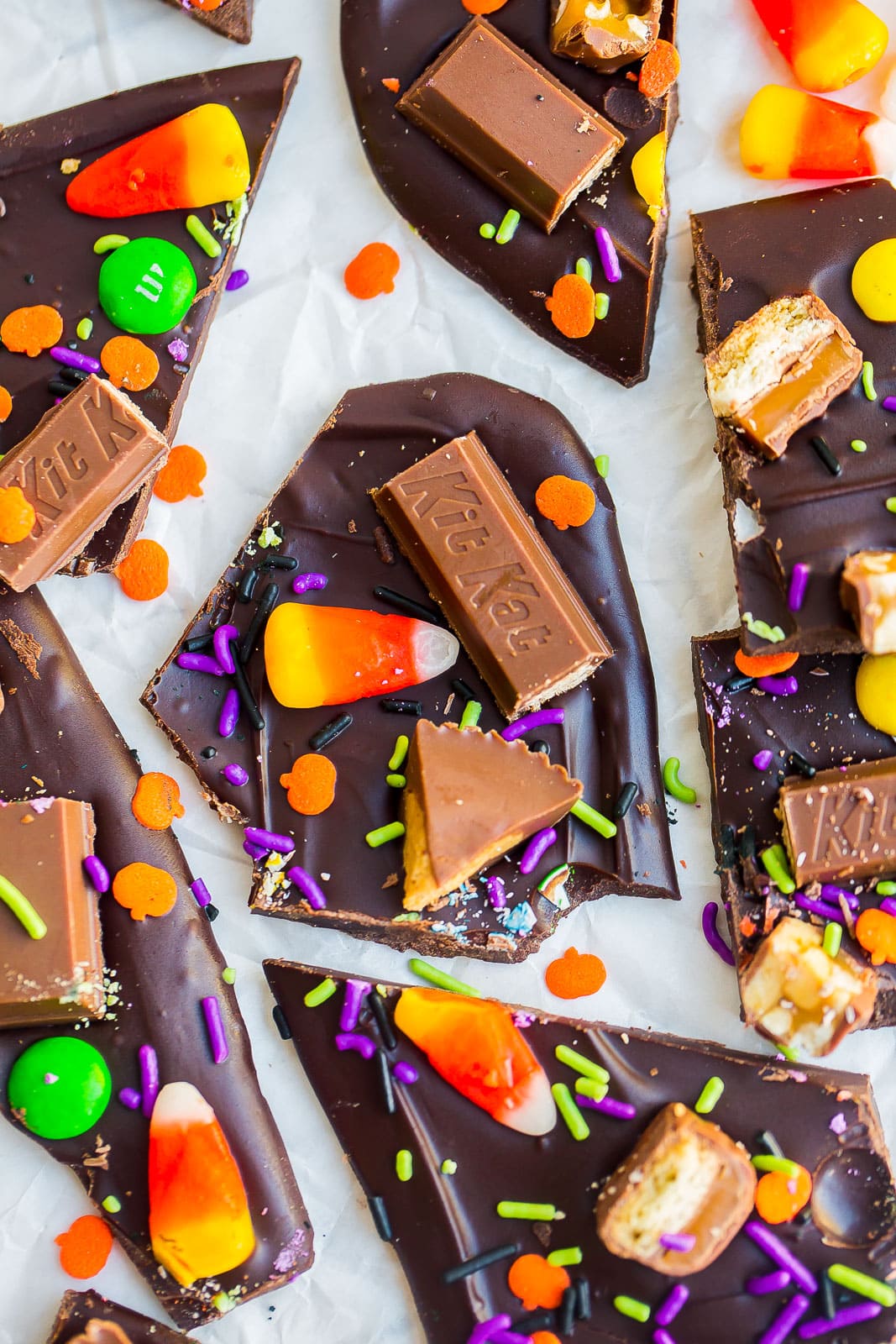 Piece of Halloween Bark with candy on top. 