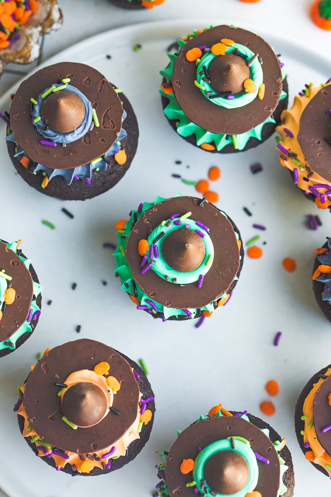 Birds eye view of Halloween Witch Hat Cupcakes with sprinkles.