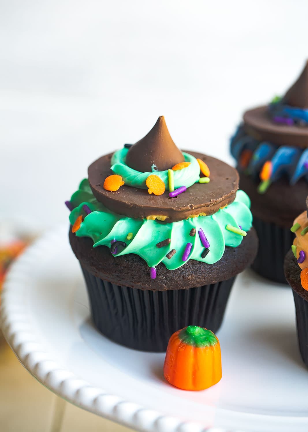 Close up of Halloween Witch Hat Cupcakes.
