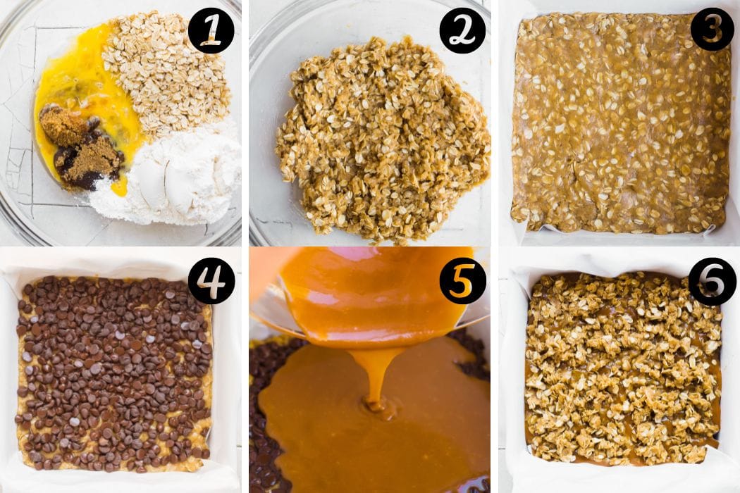 How to make Chocolate Caramel Oatmeal Bars- recipe process photos.