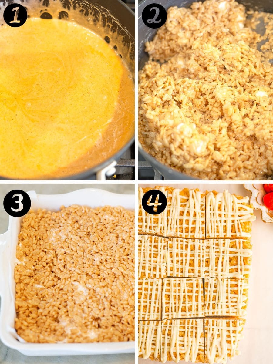 Process shots of how to make pumpkin spice rice krispie treats.