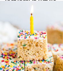 Birthday rice krispie treats with candle on top.