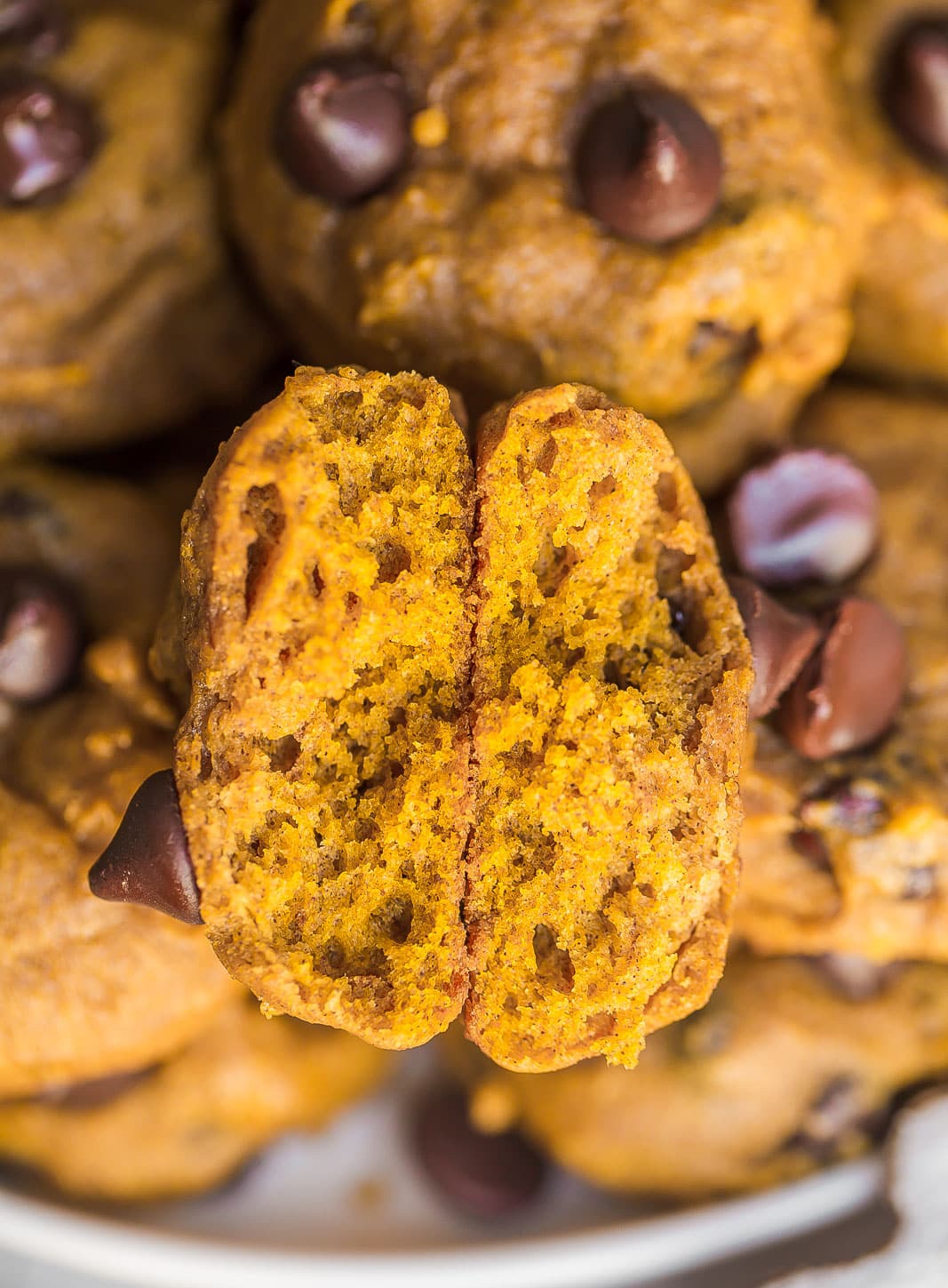 The soft center of pumpkin chocolate chip cookies. 