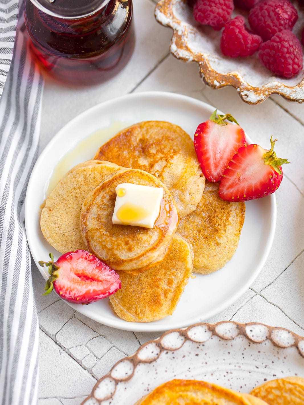 The best Silver Dollar Pancake recipe on a white plate.