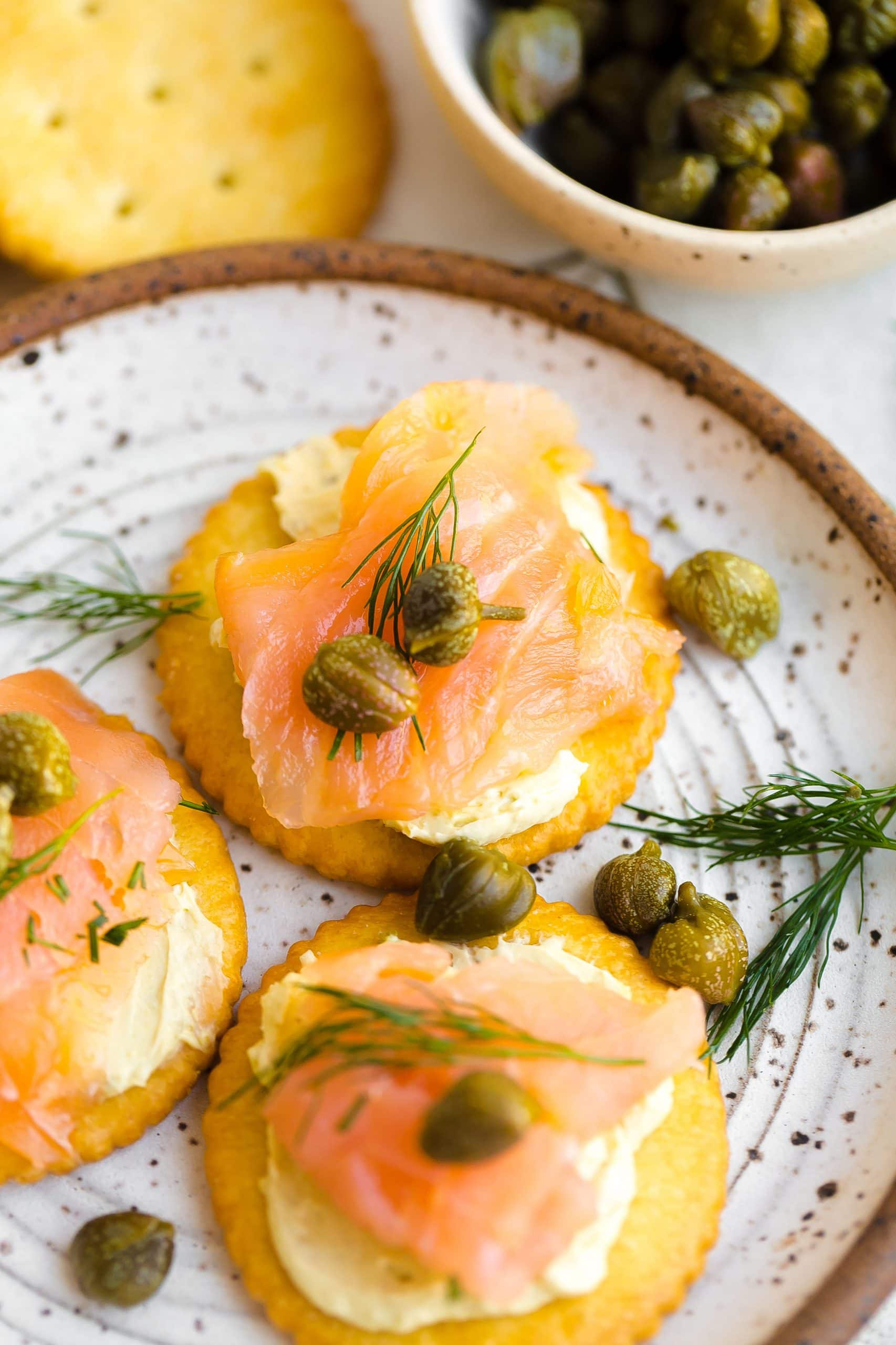 Buttery cracker with smoked salmon on a small speckled plate.