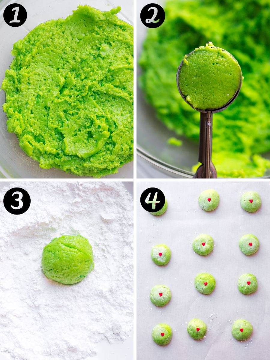 Step-by-step process shots on how to make Grinch Cookie Recipe.