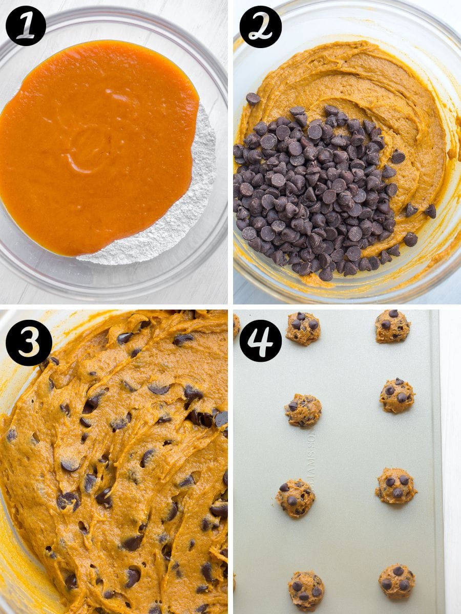 How to make pumpkin chocolate chip cookies process shots- step by step. 