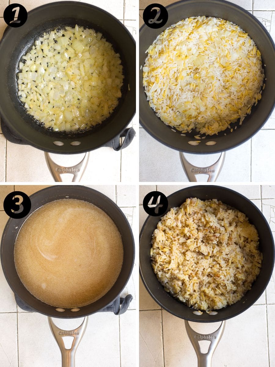 Rice pilaf being made step-by-step in a saucepan. 
