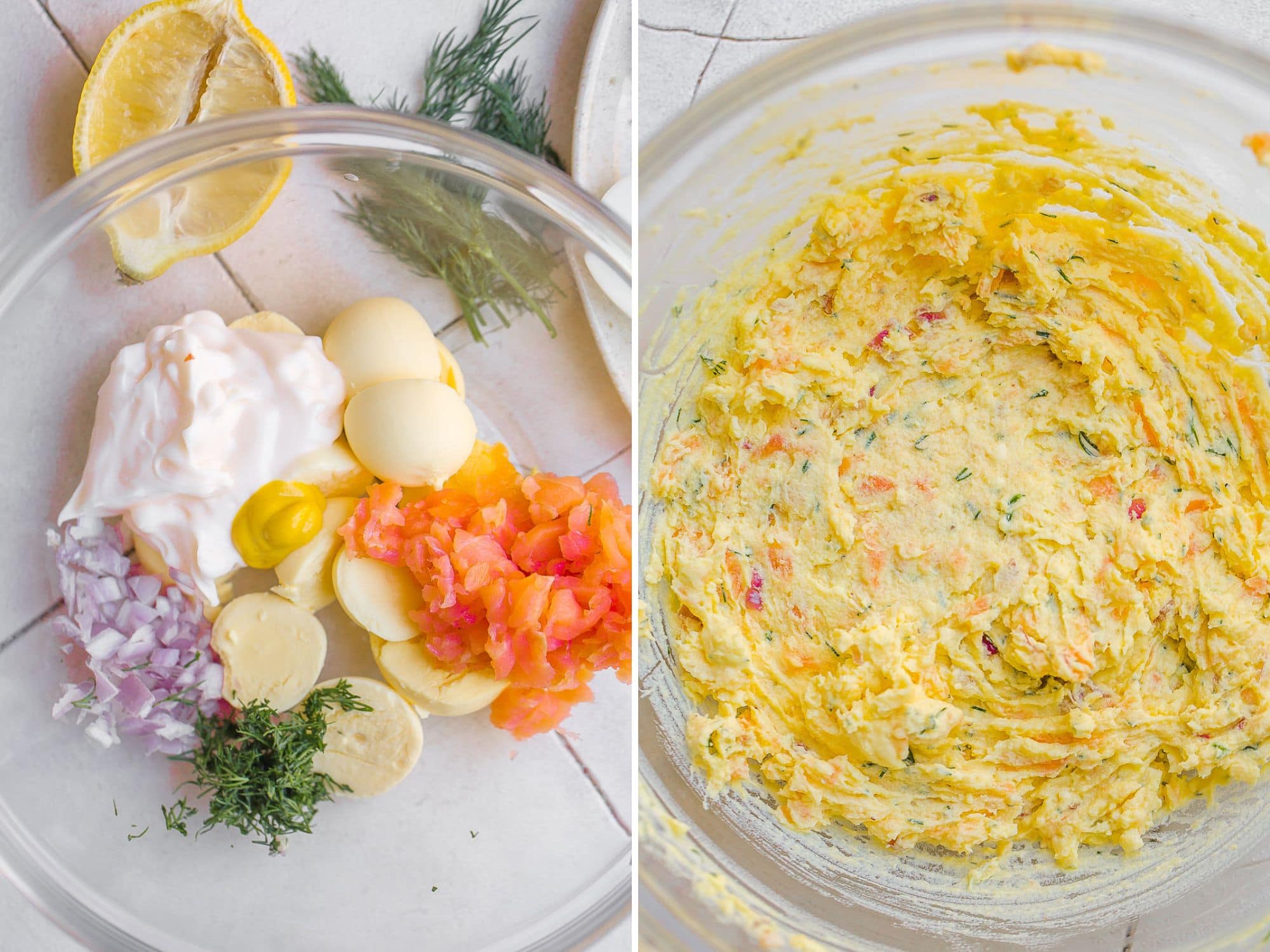 Deviled egg ingredients with smoked salmon.