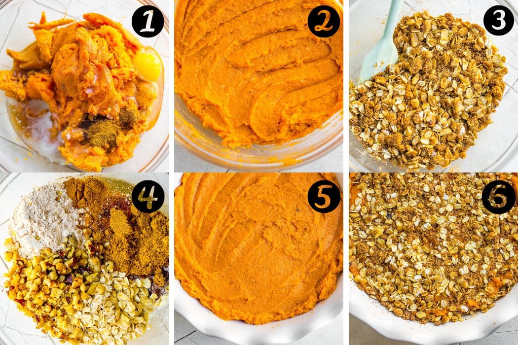 Step by step process shots on how to make a healthy sweet potato casserole recipe.