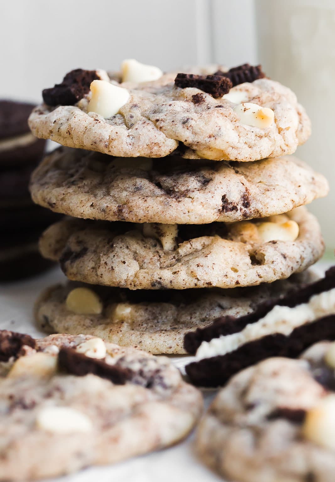 Stack of cookies and cream cookies.